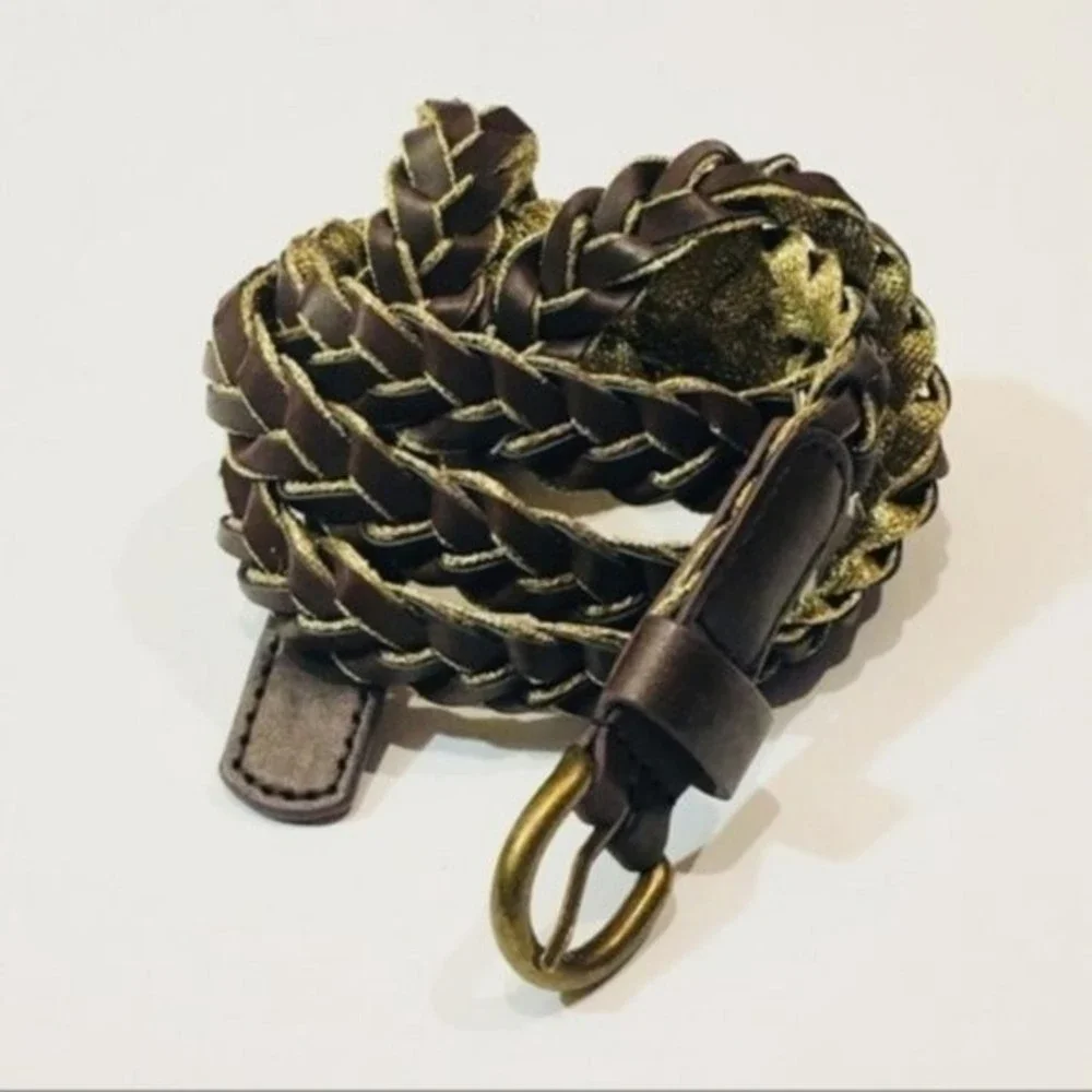 New Dark Brown & Gold Skinny Braided Belt